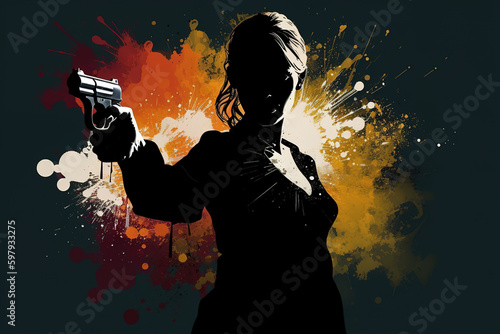 Murder, crime, aggression art illustration concept. Silhouette of female hitman with weapon, faceless person killer holding gun to side. Generative AI