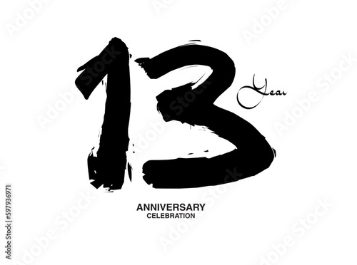 13 Years Anniversary Celebration Vector Template, 13 number logo design, 13th birthday, Black Lettering Numbers brush drawing hand drawn sketch, black number, Anniversary vector illustration