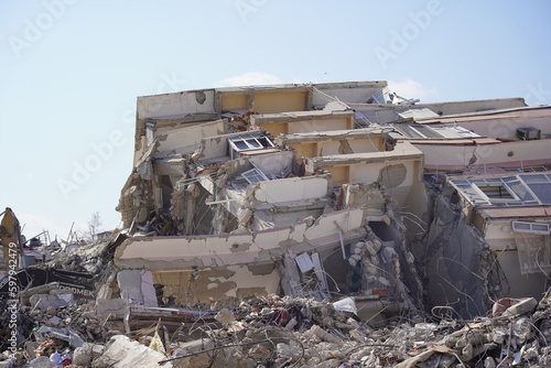 Antakya, Turkey - February 2023 Turkey Earthquake scene when a large earthquake struck Turkey Syria, destroying homes and facilities; many people died, and many more lost their loved