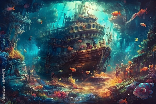 A mystical underwater realm with vibrant sea creatures and a mysterious shipwreck in the distance. Created with generative AI.