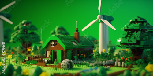 green fields with wind farms and solar panels from Bricks, generativ ai