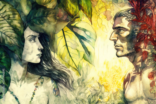 Biblical scene of Adam and Eve in Eden, watercolor illustration. Generative AI.