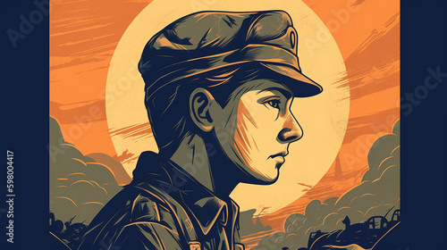 a sad looking lonely soldier after war, classic vintage artwork, generative ai technology