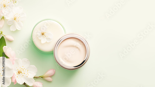 Glass cosmetic jar with moisturizing cream with floral fragrance on light mint background with blooming sakura flowers. Natural beauty product. Mockup, flat lay, copy space. Generative ai
