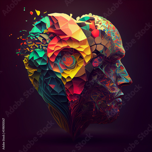 Surreal double exposure profile portrait of man with digital illustration elements. Generative AI Generative AI
