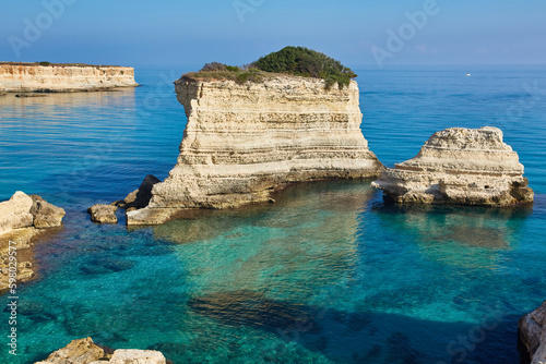 sea scenery in Puglia. Italy. Torre di Sant Andrea - famous beach with rock formations near Otranto town