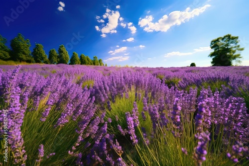 A field of purple lavender with a blue sky in the background