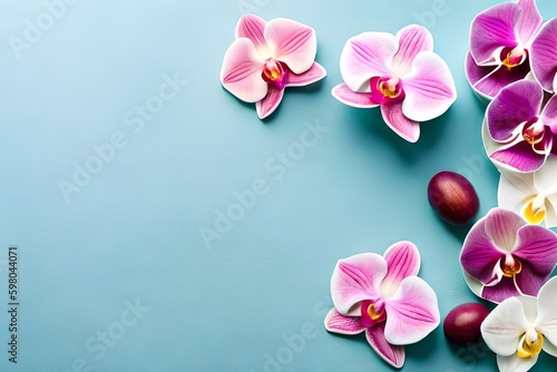 Flat lay orchids flowers on pastel blue background with copy space