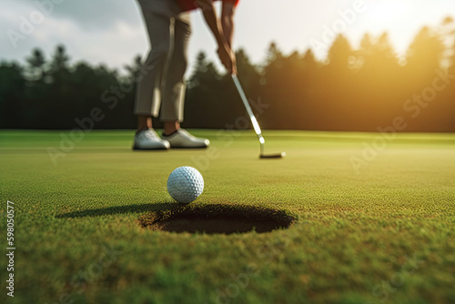 Golf player putting golf ball into hole, AI generative