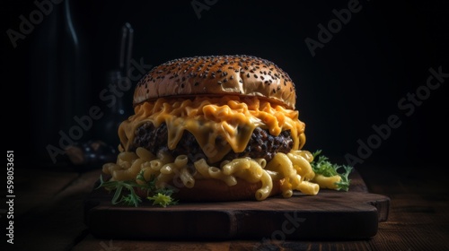 American mac and cheese hamburger, commercial, closeup shot, ai, ai generative, illustration