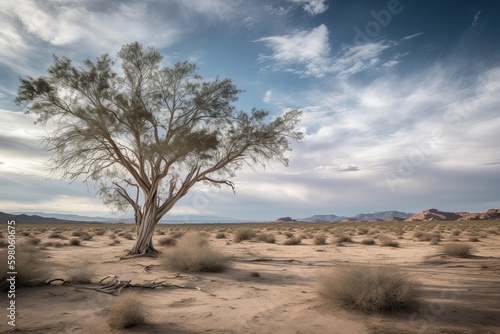 Gradually withering, expansive single tree grappling with harsh arid environment. Generative AI
