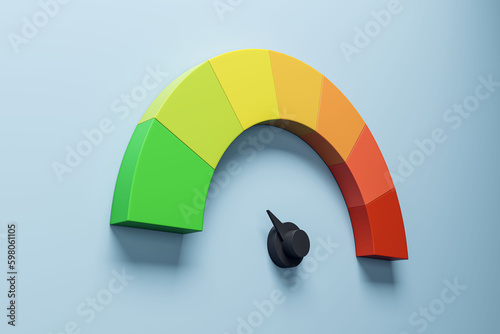 Abstract colorful speedometer scale on blue background. Performance, pointer rating risk levels, meter, tachometer. 3D Rendering.