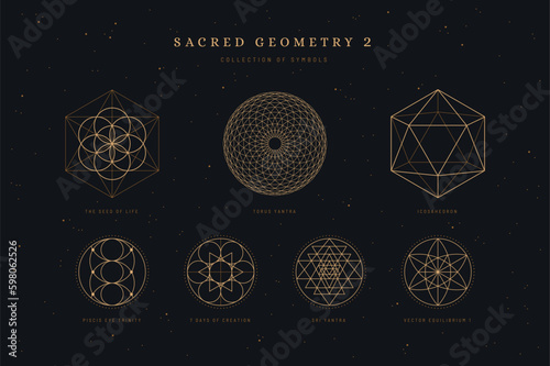 sacred / divine geometry 2, set / collection of spiritual meditation symbols, seed of life, piscis eye trinity, sri yantra, torus yantra, 7 days of creation, vector equilibrium, icosahedron 