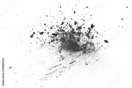 Black charcoal dust, gunpowder, with effect fragments explosion isolated on white background and texture, top view