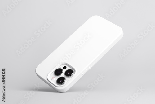 iPhone 13 and 14 Pro Max in white soft silicone case falls down back view, phone cover mockup isolated on grey background