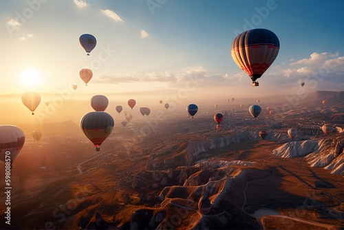 Lot of hot air balloons in the sky at sunset. Digitally generated AI image