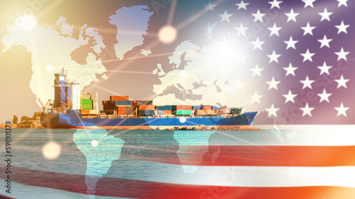 American cargo ship. Marine ship with containers. Sea export to USA. Ships for transporting goods across ocean. Sea import from USA. Transportation of American goods by ocean. USA cargo ship.