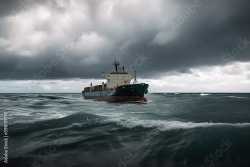 Huge barge in dark cloudy ocean. Digitally generated AI image