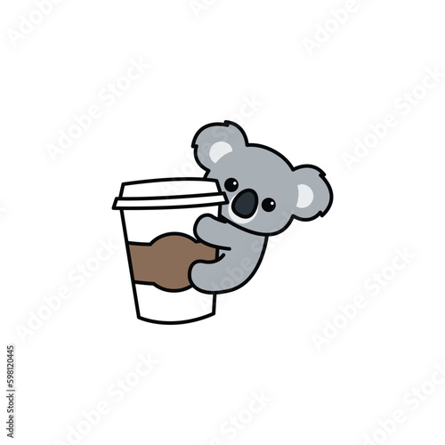 Cute koala hugging a coffee cup cartoon, vector illustration