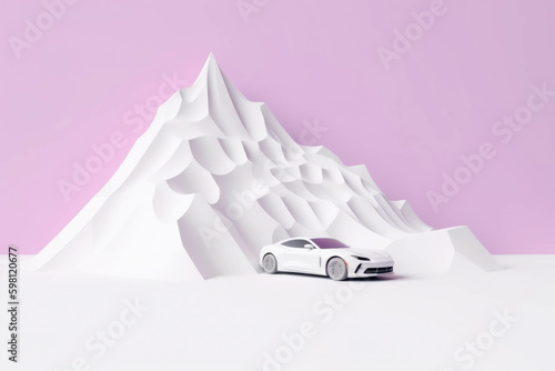 A glossy white racing car powering up a long and winding mountain pass. Speed drive concept. AI generation. Generative AI