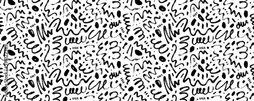 Brush curly lines seamless pattern. Pencil squiggles ornament. Scribble brush strokes vector background. Hand drawn marker scribbles, curved lines. Black pencil sketches. Squiggles and daubs.