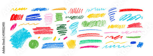 Charcoal pencil curly lines, squiggles and shapes. Grunge pen scribbles collection. Hand drawn vector pencil lines and doodles. Bright color charcoal or chalk drawing. Rough crayon strokes.