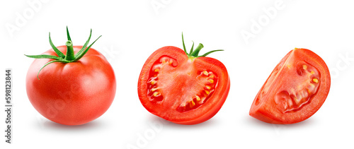 Red Tomato with half and slice isolated on transparent background