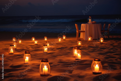 Romantic candlelight dinner on the sandy beach, Generative AI