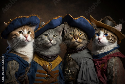 Cats dressed as musketeers, funny pets as heroes of famous novel, generative AI.