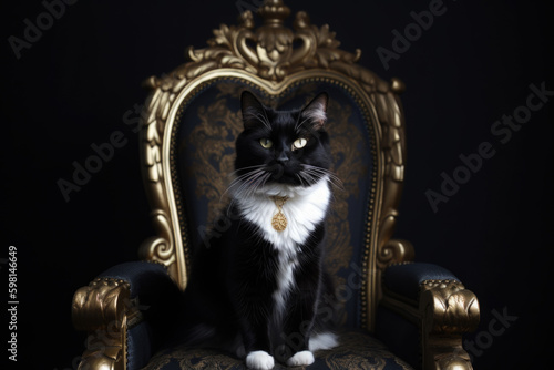 A regal Black and White Tuxedo cat sitting on a royal throne, Generative AI