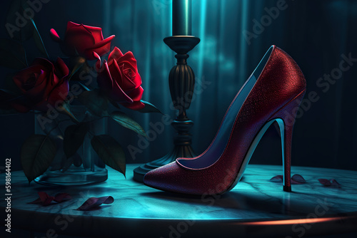 Black tango shoes, high heel stilettos on a black background decorated with rose flower. Dark cyan and red background, AI generative.