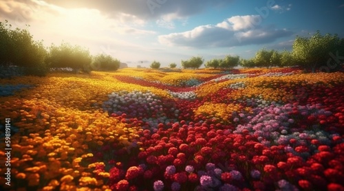 Pintura al óleo de un campo de flores colorido