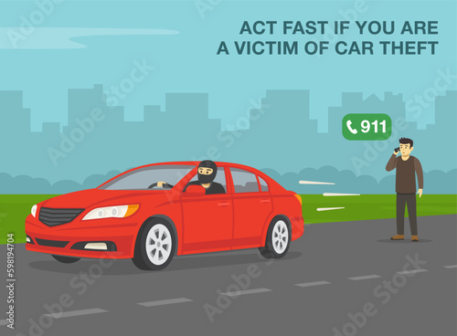 Car theft safety tips. Act fast if you are a victim of car theft. Thief running away. Close-up of thief with a robber mask looks out a front window. Flat vector illustration template.