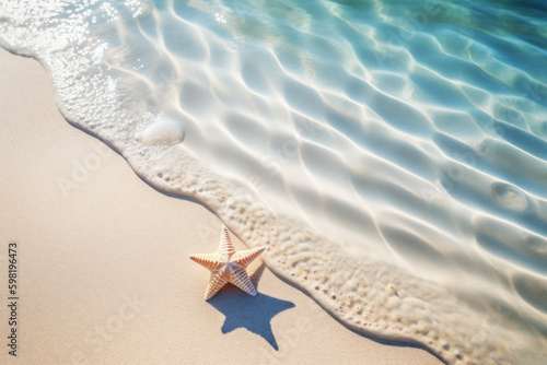 Star fish on sand beach background. Copy space of summer and vacation concept. Generative ai.