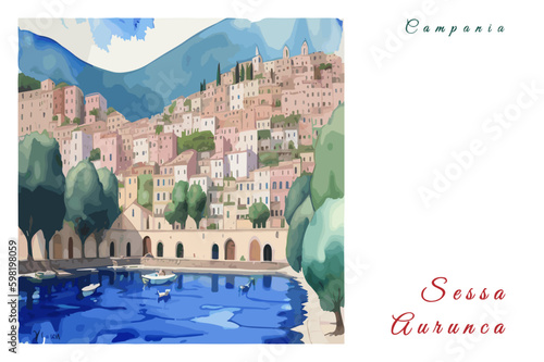 Sessa Aurunca: Poster with the name of the Italian city Sessa Aurunca and a water color illustration