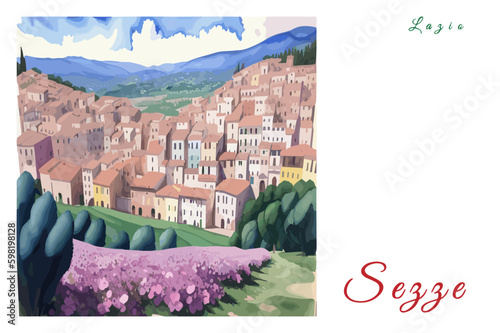 Sezze: Poster with the name of the Italian city Sezze and a water color illustration