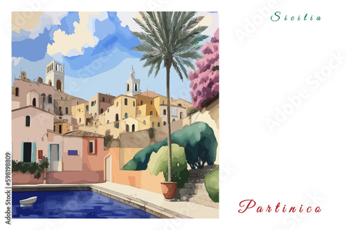 Partinico: Poster with the name of the Italian city Partinico and a water color illustration