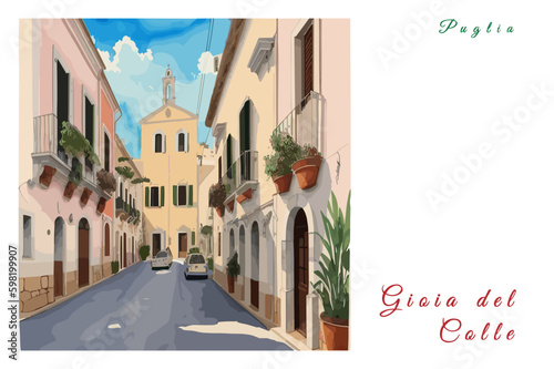 Gioia del Colle: Poster with the name of the Italian city Gioia del Colle and a water color illustration