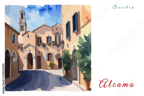Alcamo: Poster with the name of the Italian city Alcamo and a water color illustration