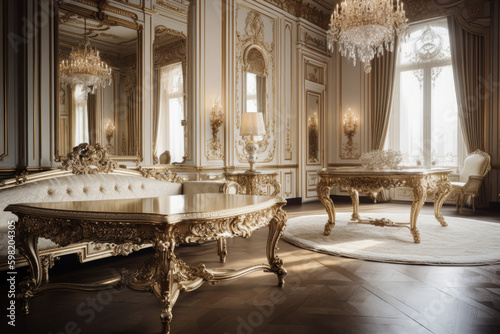 Luxurious lounge decorated in rococo style, Generative AI