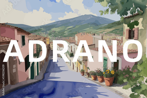 Adrano: Beautiful painting of an Italian village with the name Adrano in Sicilia