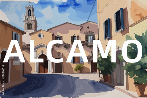 Alcamo: Beautiful painting of an Italian village with the name Alcamo in Sicilia