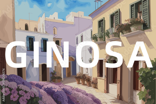 Ginosa: Beautiful painting of an Italian village with the name Ginosa in Puglia