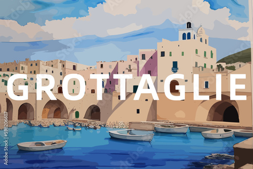 Grottaglie: Beautiful painting of an Italian village with the name Grottaglie in Puglia