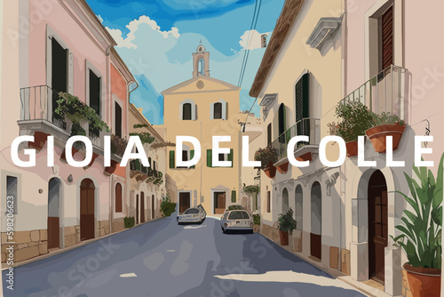 Gioia del Colle: Beautiful painting of an Italian village with the name Gioia del Colle in Puglia