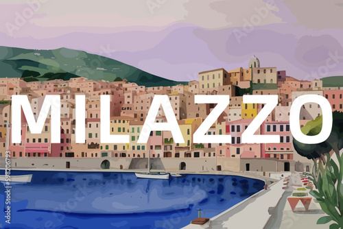 Milazzo: Beautiful painting of an Italian village with the name Milazzo in Sicilia