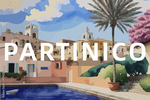 Partinico: Beautiful painting of an Italian village with the name Partinico in Sicilia