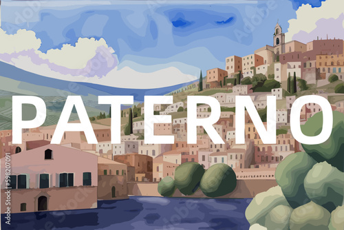 Paterno: Beautiful painting of an Italian village with the name Paterno in Sicilia