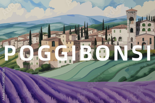 Poggibonsi: Beautiful painting of an Italian village with the name Poggibonsi in Tuscany