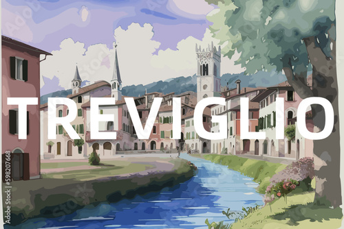 Treviglio: Beautiful painting of an Italian village with the name Treviglio in Lombardy